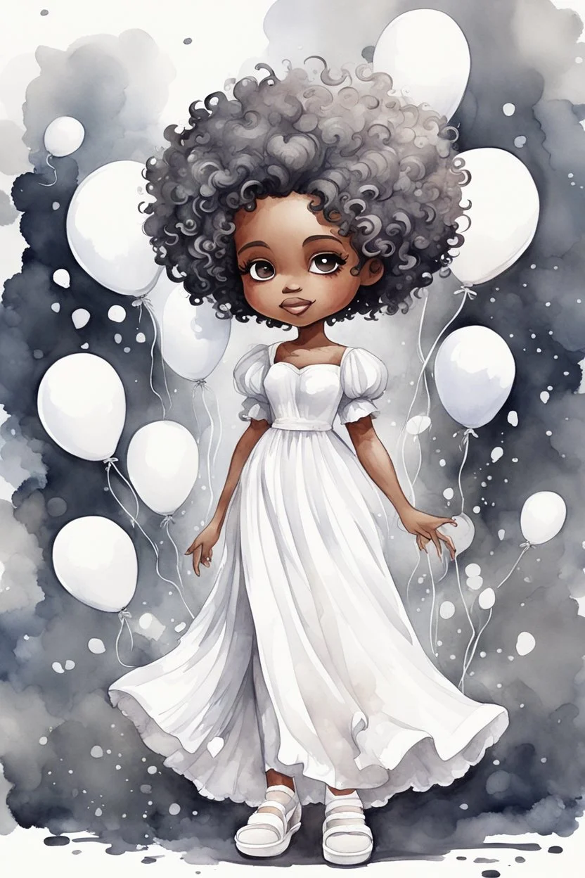 A watercolor fairytale style of a chibi cartoon wearing a white maxi dress and white sandals. Prominent make up with hazel eyes. Highly detailed tight curl afro. Background of white and gray ballons everywhere.