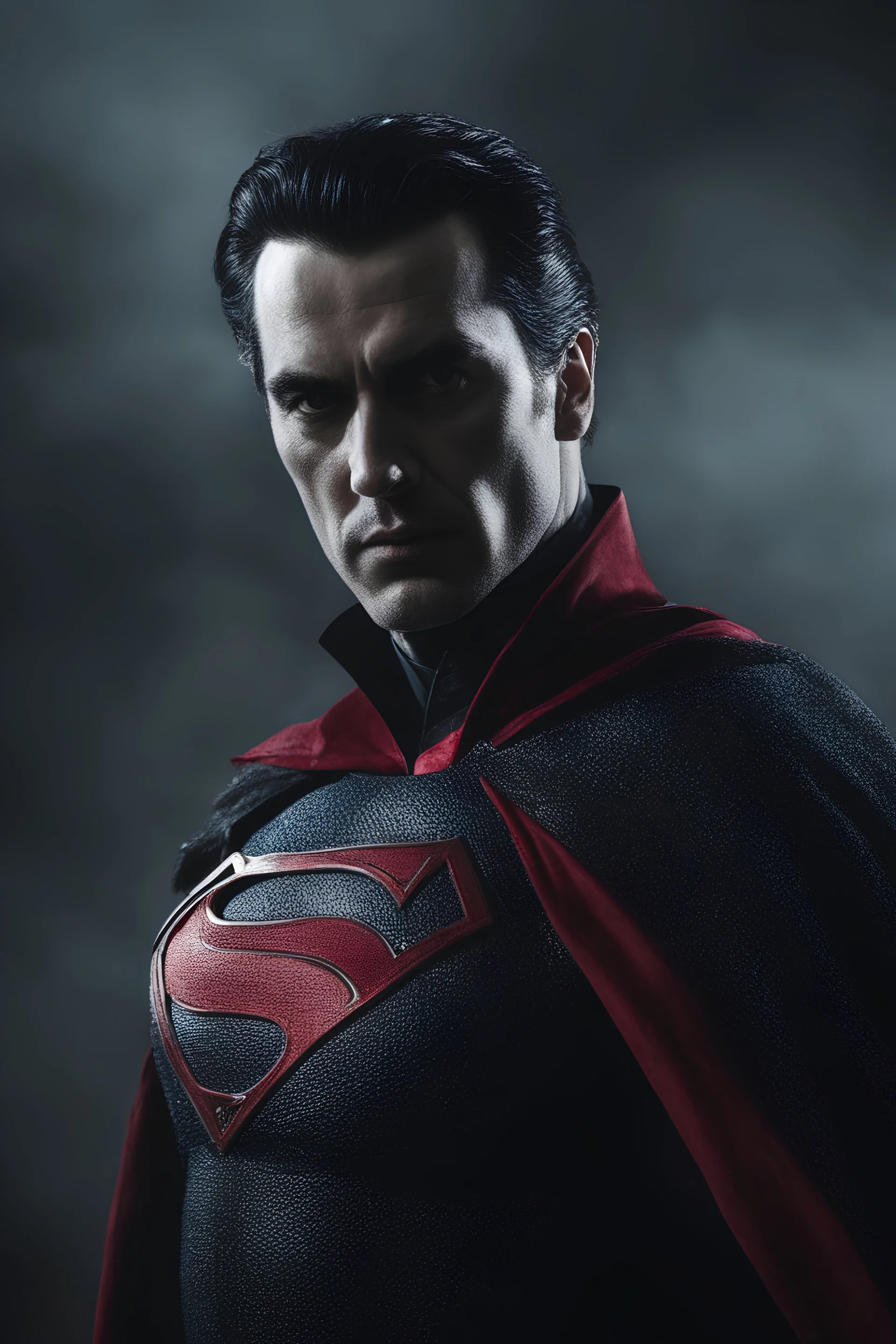 Count Dracula Superman - full color - 32k, UHD, 1080p, 8 x 10, glossy professional quality digital photograph - dark foggy gradated background, historic, powerful, octane rendering, exquisite detail, 30 - megapixel, 4k, 85 - mm - lens, sharp - focus, intricately - detailed, long exposure time, f8, ISO 100, shutter - speed 1125, diffuse - back - lighting, ((skin details, high detailed skin texture)),