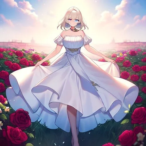 gorgeous anime girl wearing a yellow and white dress ,standing in a meadow of flowers, spreading rose pedals on the ground. beautiful eyes and a stunning smile, blue eyes