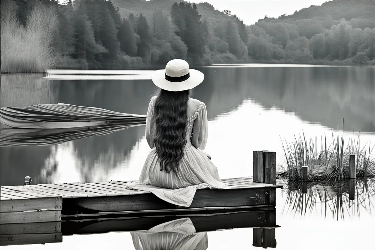 A long hair nice woman in a long vintage dress and hat sitting on the edge of a lake dock looking into the water, her reflection in the water, pale colors, black and white colors, peaceful mood, minimalist background, watercolor, style by Waterhouse, Cezanne, Jian Wu, Claude Monet, Christine Misencik-Bunn