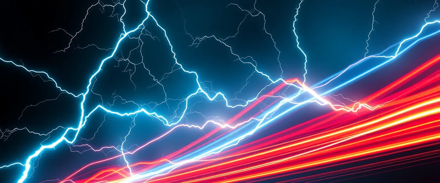 lightning and electricity streaming across composition left to right, behind is a bunch of stripes inspired by modern wrap graphics to convey speed