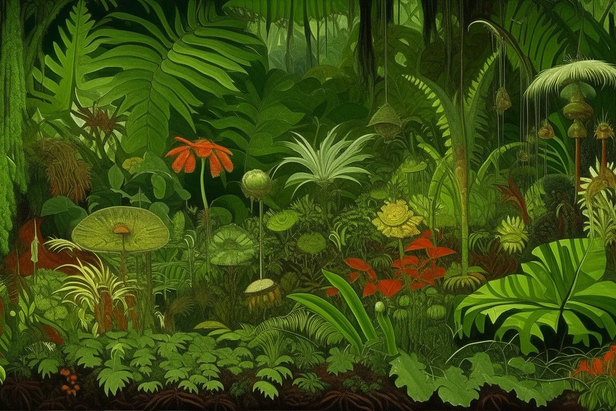 An olive green jungle with Venus fly traps painted by Vincent van Gogh