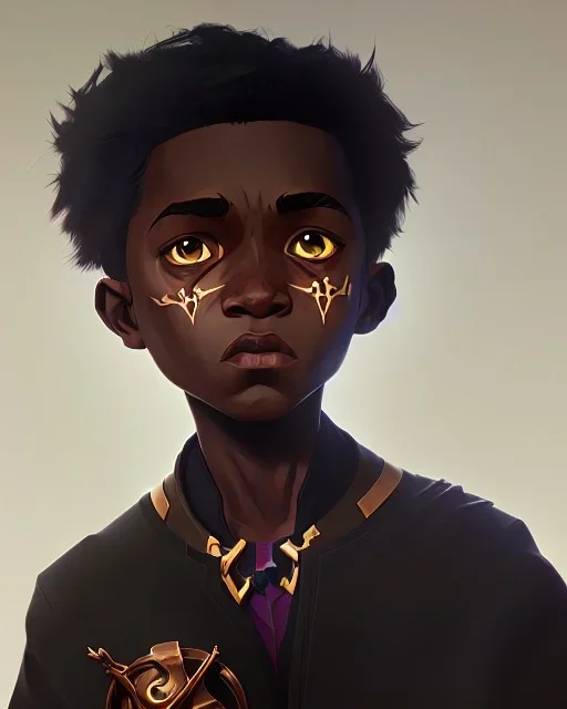 Portrait of a gorgeous black skinned toddler warlock boy with dark hair by Jim Kay