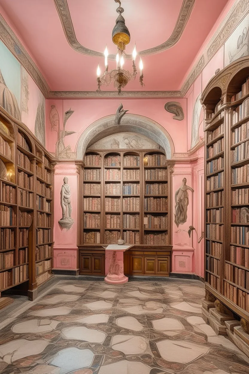 A light pink library with mystical books designed in Heidrun manuscripts painted by Salvador Dali