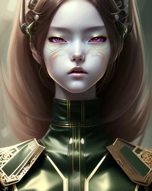 Detailed anime Kunoichi girl, long brown hair, green eyes, black latex bodysuit, intricate detail, portrait, keep head in frame, smile, black Japanese motif, concept art, highly detailed, digital painting, concept art, sharp focus, illustration, art by Yoji Shinkawa, WLOP and greg rutkowski and alphonse mucha and artgerm and yanjun Chen and Junji ito and Makoto Shinkai, HDR, octane render