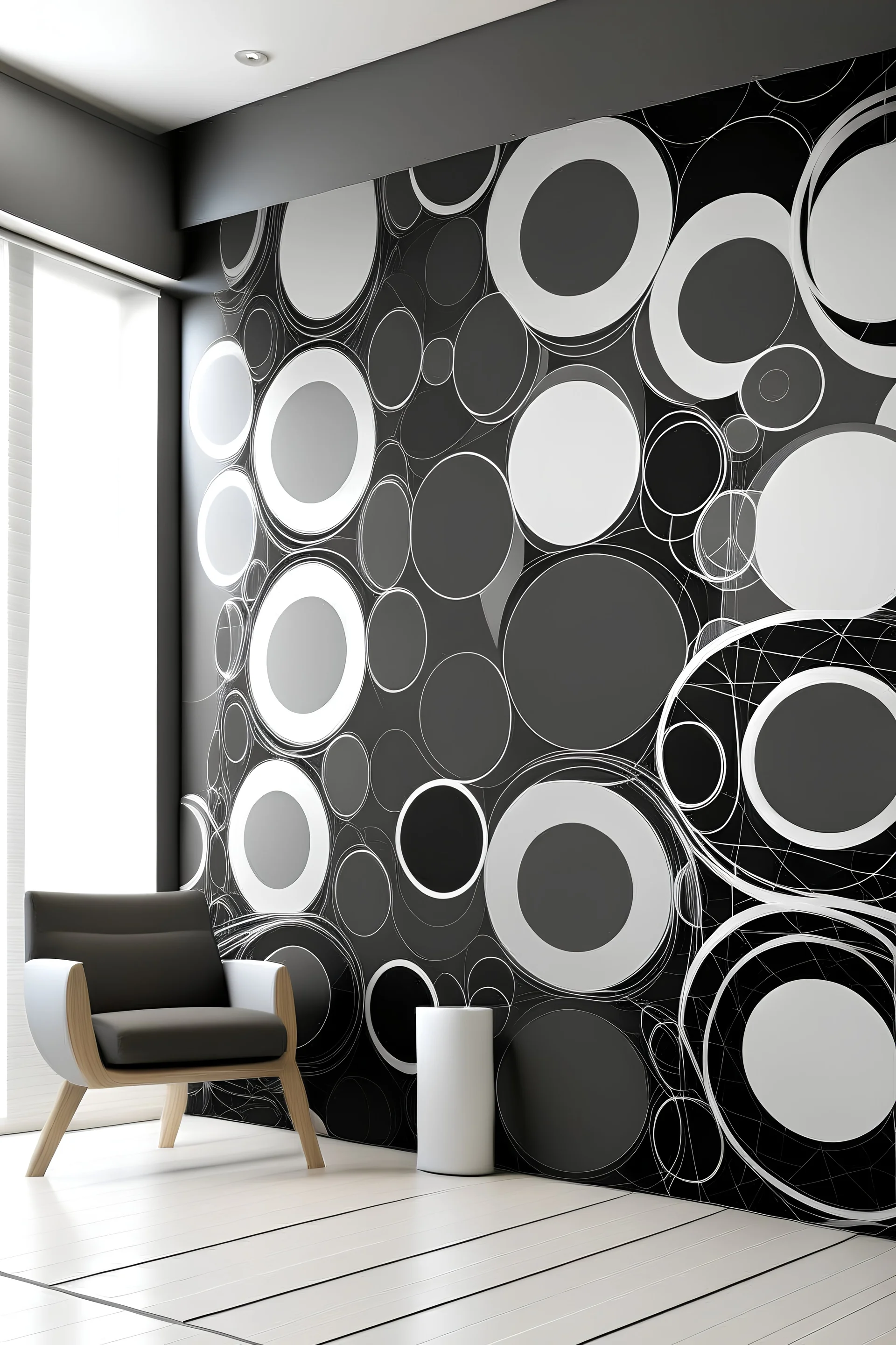 create a handpainted wall mural by Overlapping circles arranged in a cascading formation, creating a sense of depth and movement. Variation: Vary sizes and shades within a monochromatic palette for a sleek and modern look.