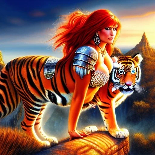 ultra detailed fullbody portrait of beautiful busty Red Sonja Riding a Giant Tiger , extremely detailed digital painting, intrincate, extremely detailed face,crystal clear Big eyes, in the style of wayne reynolds, mystical colors , perfectly centered image, perfect composition, rim light, beautiful lighting,8k, stunning scene, raytracing