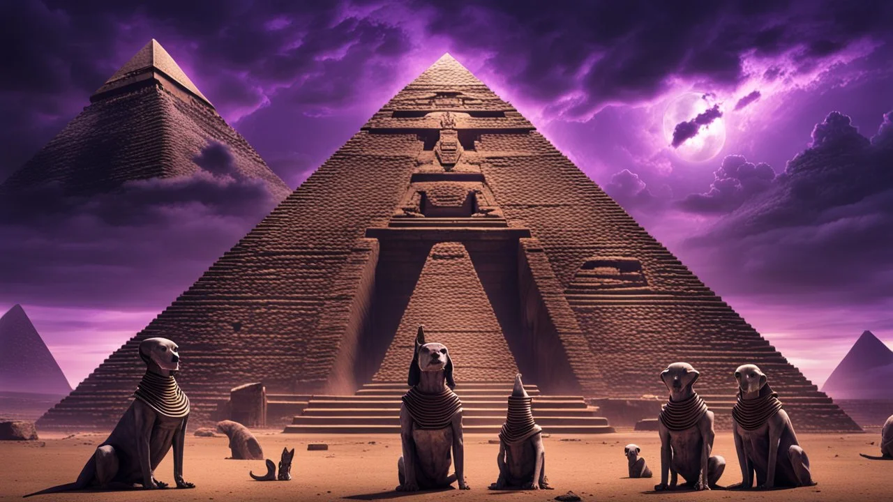 Hyper Realistic 5 Alien-Pharaohs guarding a prehistoric-pyramid with their galactic-weapons in-perfect-symmetrical-order & galactic-dog-pet & ancient ruins behind them with purple-cloudy-sky at dark-heavy-rainy-night giving dramatic & cinematic ambiance