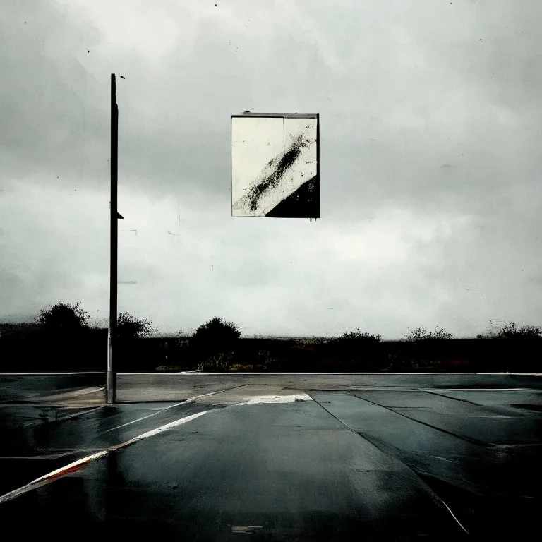 Minimal contemporary abstract oil paintings of desolate 1960s carpark with road markings and concrete fragments. Overlay with grungy typography graphics. style of Justin Mortimer and Francis Bacon.