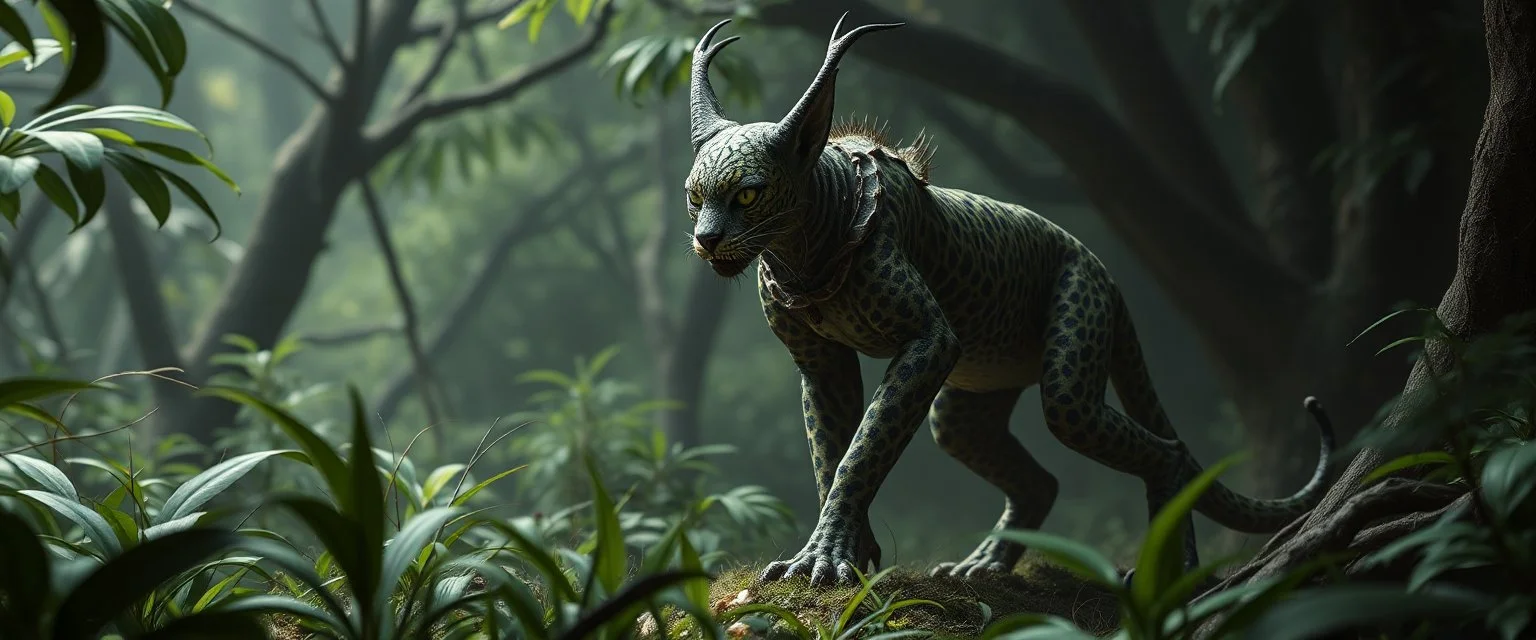 voroni patterned ultra sentient species lynx psionic master in dark jungle