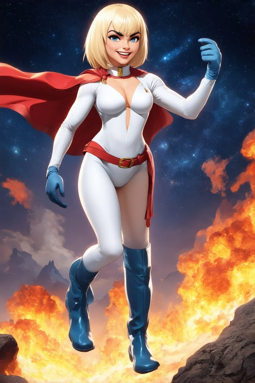 Karen Starr, full body, superhero landing pose, young athletic white female, crew cut bleach-blonde hair, blue eyes, thick black eyebrows, round face, semi-pointed chin, muscular build. Wearing white long-sleeved bodysuit with high collar with plunging neckline, blue elbow gloves, red belt with gold buckle, red cape, blue knee boots. Big smile. Background: outer space, planets, stars, galaxies, fire, explosions, volcanic lava, craggy peaks. Photorealistic