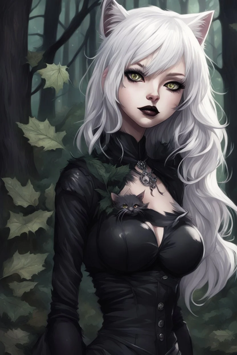 CAT GIRL, goth, forest, nature, cartoon, leaves, boobs, portrait, colour image, white hair