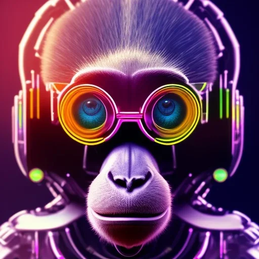 A beautiful portrait of a cyborg monkey purple neon color scheme, high key lighting, volumetric light high details psychedelic background