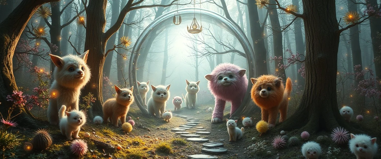 endless in the magical mirror forest you enter the strangest bubble doorway to weird dimension and the aura of its heavenly fluffy elevated messed up woodland creatures flock