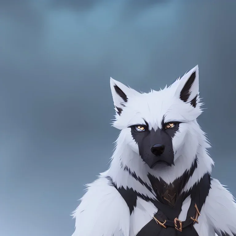 wolf furry digital art only face anime style male white fur blue hair