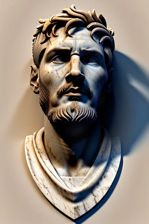 Ultra Realistic image, Roman sculpture, clean white marble material, Lionel Messi, gold Laurel leaves wreath, renaissance ornaments, one gold star, blue sky background, waist up portrait, epic, cinematic lighting, god light, 4k resolution, smooth details, soft lighting, unreal engine 5.