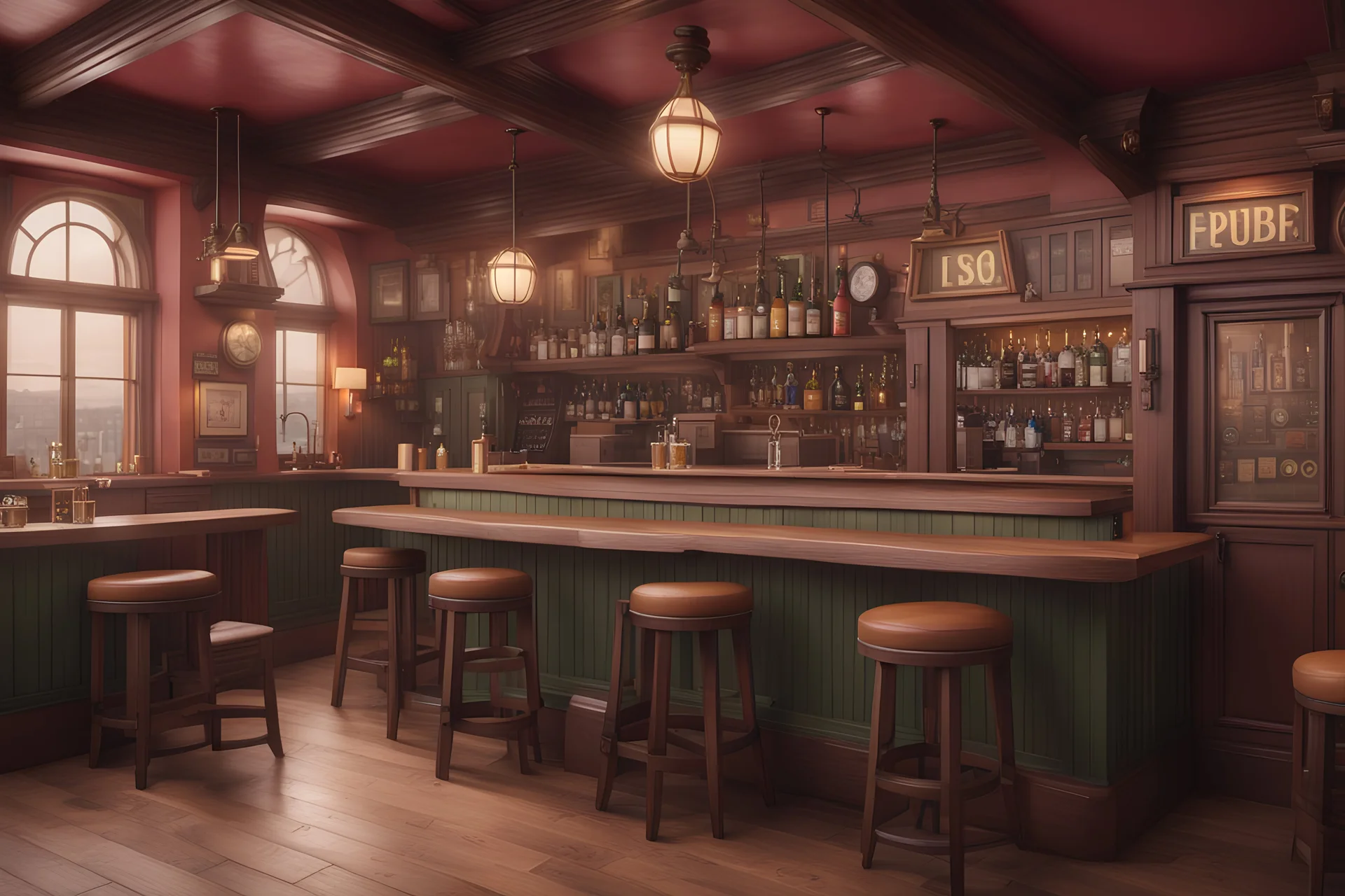 photorealistic view of a pub in the style of wes anderson, 8k, finecraft