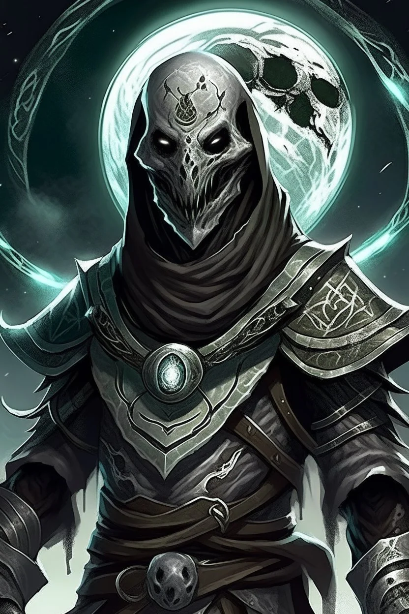 Aetherborn from Dungeons and Dragons med Ash like skin and a mask with Dark Moon symbolism on it.