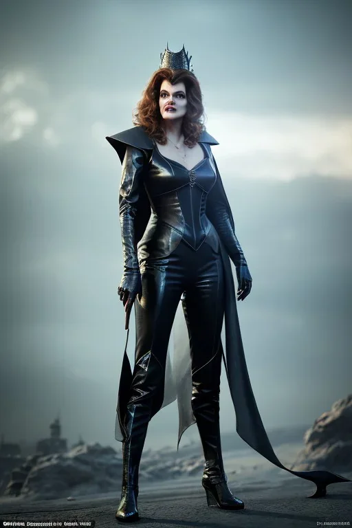 younger Rene Russo as evil queen in leather, cleavage, angry, stern look, unreal 5, octane render,cinema4d, dynamic lighting, dramatic lighting, 4k, redshift render, highly detailed, hyper realistic