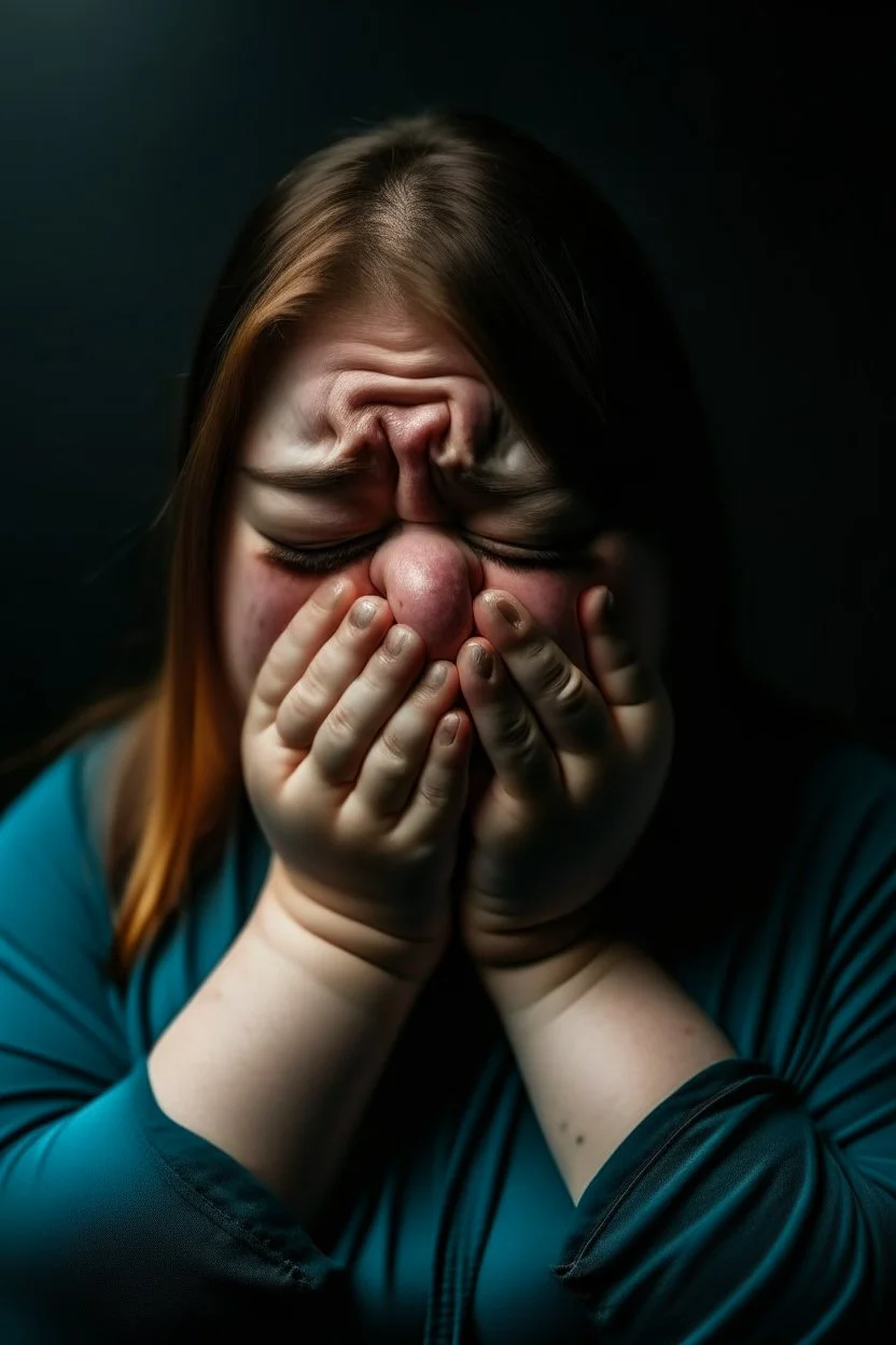 Fat woman crying with a mask on