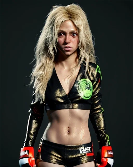 portrait, Shakira, blonde artist, angry, Realistic image, MMA robe, hoodie, mma gloves, loose long hair, eyes make up, gold line make up, moisture, sweat, fog, Neon colors, leds. Black background, photo studio, concept art, smooth, unreal engine 5, god lights, ray tracing, RTX, lumen lighting, ultra detail, volumetric lighting, 3d, finely drawn, high definition, 4k.