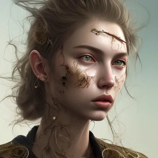 black round shades, A full body portrait of a beautiful wild, intricate, elegant, highly detailed, digital painting, artstation, concept art, smooth, sharp focus, illustration, brown hair, black jacket, youthful,, Hannah Murray, round face, messy hair, hippy, freckles