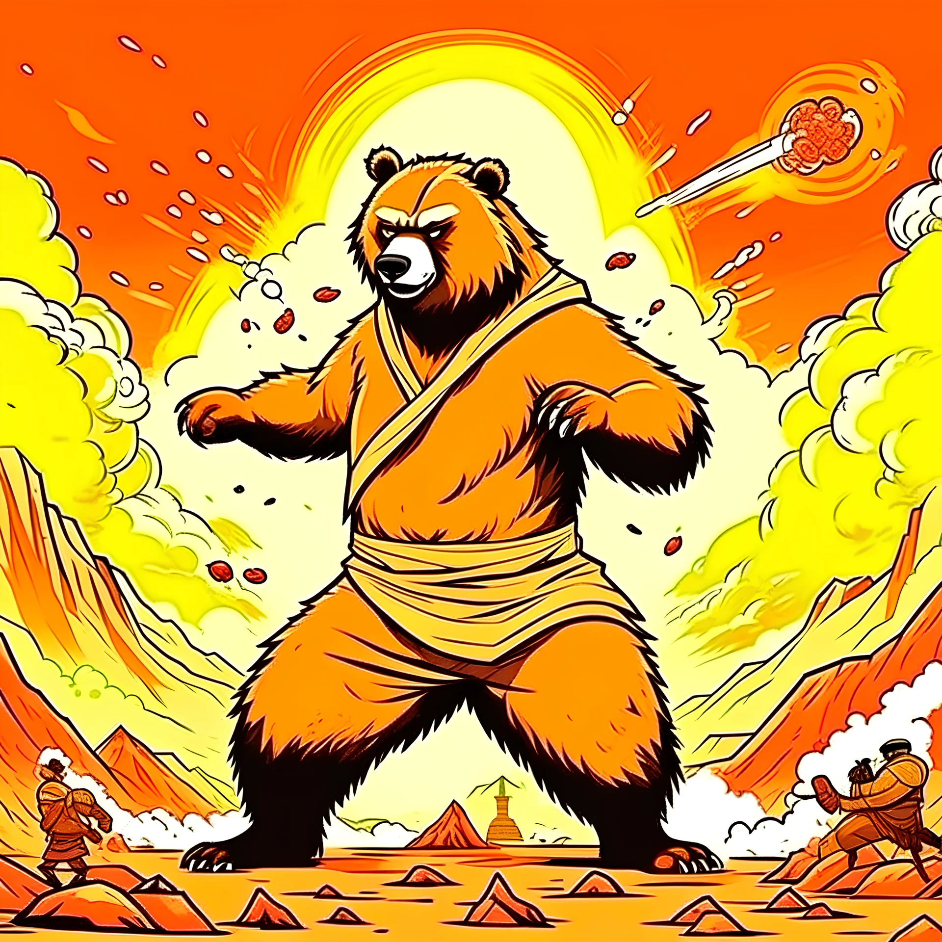 bear-monk in combat stance, epic pose, nuclear explosion