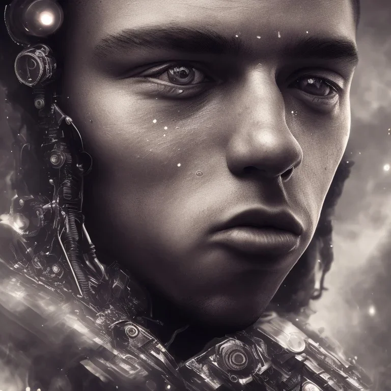 portrait photography of perfect face mbappe crying, Fire theme art, Dark moody night atmosphere, 8K, close-up face, ignore NSFW,magic,city, steampunk, chief ,apocalypse, set , sorrow,cyborg,