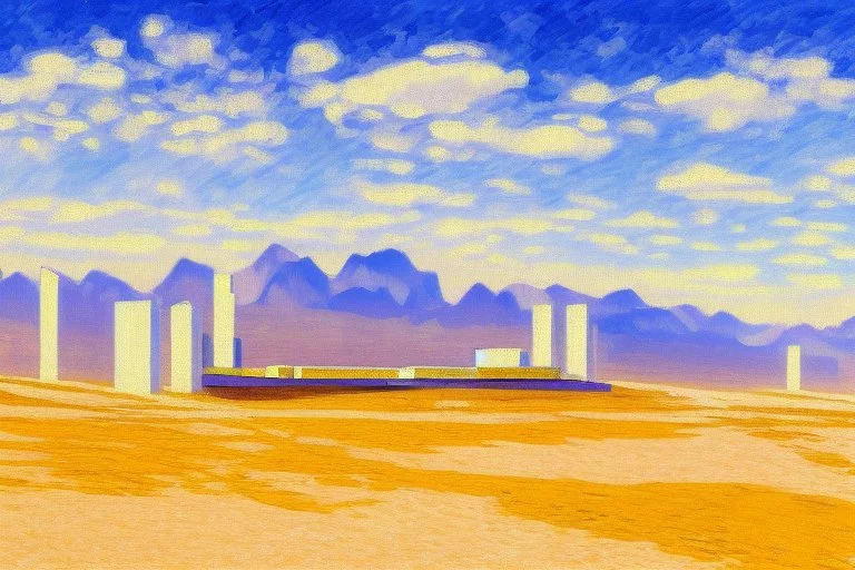 Sunny spring day, Futuristic buildings near the desert, impressionism painting