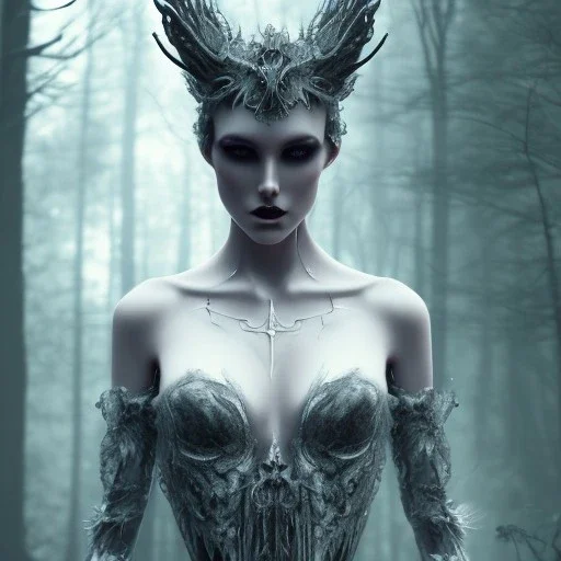 ethereal, gothic makeup, dark forest, shaved head, full-body