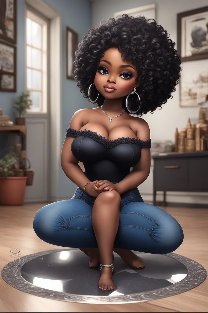 Create a furturism magna art of a black chibi curvy female sitting on the floor looking at herself in a hand mirror. She is wearing tight blue jeans and a black off the shoulder blouse. Prominent make up with lush lashes. Highly detailed tight curly afro. She is also wearing silver large hoop earringsart of a black chibi curvy female sitting on the floor looking at her cell phone. She is wearing tight blue jeans and a black off the shoulder blouse. Prominent make up with lush lashes.