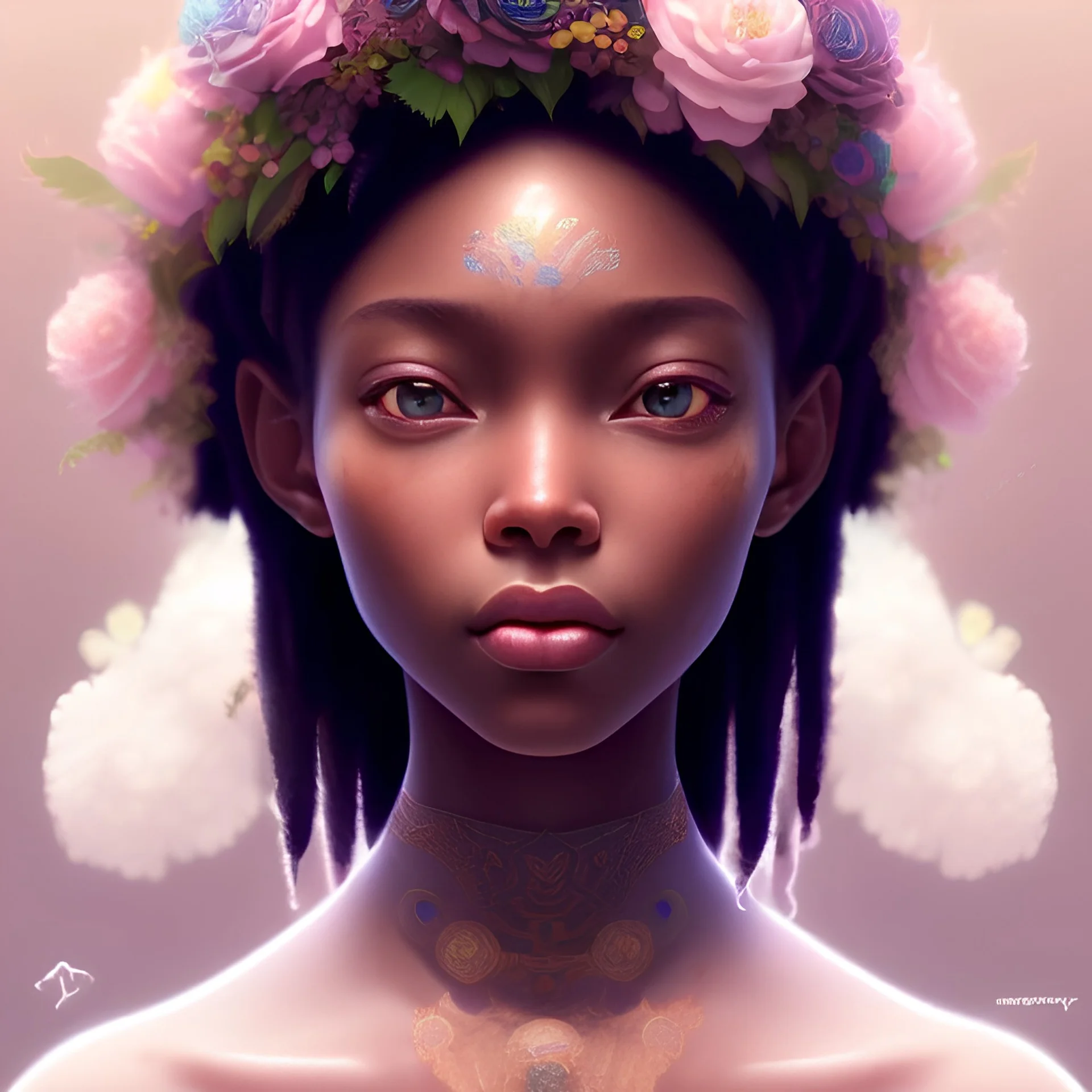 Closeup face portrait of a ebony girl wearing crown of flowers, smooth soft skin, big dreamy eyes, beautiful intricate colored hair, symmetrical, anime wide eyes, soft lighting, detailed face, by makoto shinkai, stanley artgerm lau, wlop, rossdraws, concept art, digital painting, looking into camera