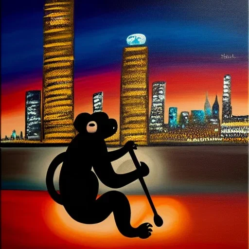 A monkey playing the drums, london skyline at night, oil painting