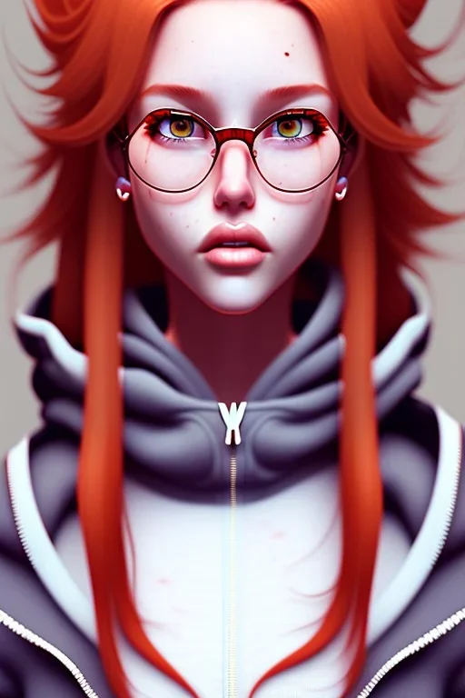 girl, cute, beautiful, huge lips, huge nose, red hair, freckles, glasses, hoodie