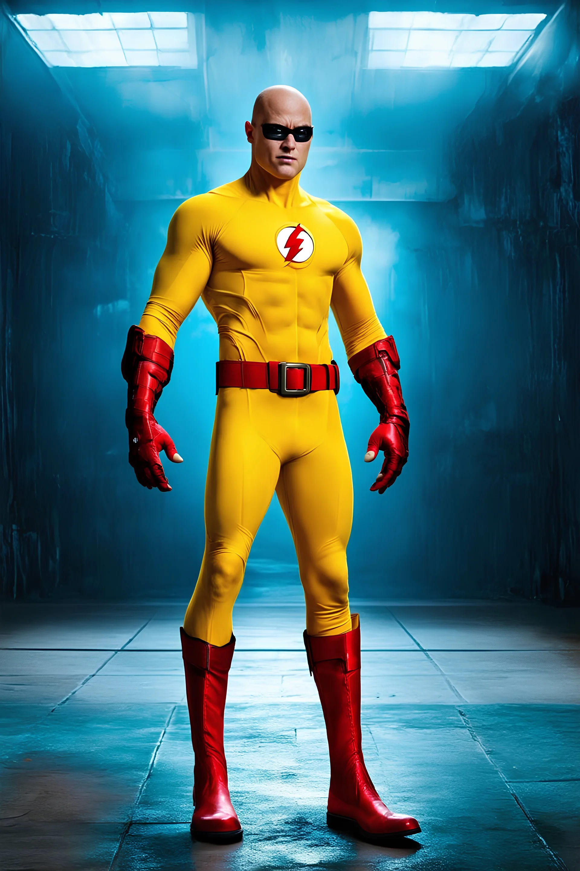 the Reverse Flash with yellow Flash suit, red boots, red belt, red wrist gauntlets, reversed red and black chest logo, extremely exaggerated muscular stature, posing for the cameras, Professional Quality 35mm Photograph, 4k UHD, hyper-realistic, Photorealistic, extremely detailed, High resolution