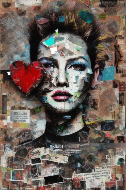 Ultra detailed medium portrait painting of happiness , torn up collage of clippings, heart monitor reading background, matrix effects, punk visual art, punk art aesthetic, graffiti art, pop surrealism, collage art, cluttered paint glitches