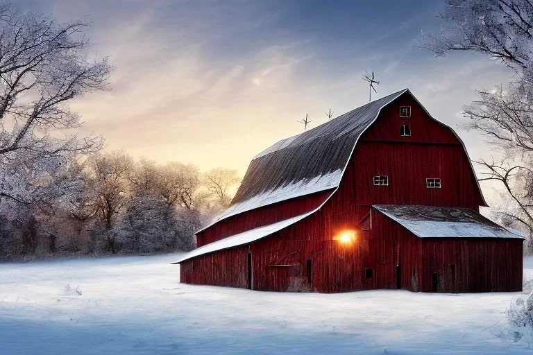 A beautiful barn in December, with snow on the ground