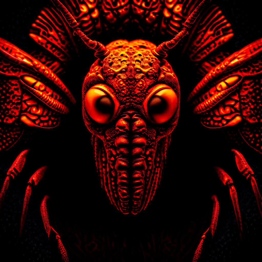 A national geographic award skin color patterned like a poisinous incect or reptile, horrorcore, science gone crazy, winning photograph of of a bat spider housefly hybrid in nature and on the hunt, 64k, reds, oranges, and yellows anatomically correct, 3d, organic surrealism, dystopian, photorealisitc, realtime, symmetrical, clean, 4 small compound eyes around two larger compound eyes, surrealism telephoto dynamic lighting 64 megapixels Unreal Engine volumetric lighting VRay