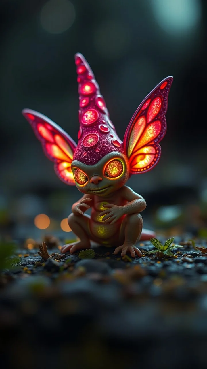 glittering Deep Gnome (Svirfneblin) butterfly gremlin, goa psy ambient in the style of vangelis and fsol, source vibrations, bokeh like f/0.8, tilt-shift lens 8k, high detail, smooth render, down-light, unreal engine, prize winning