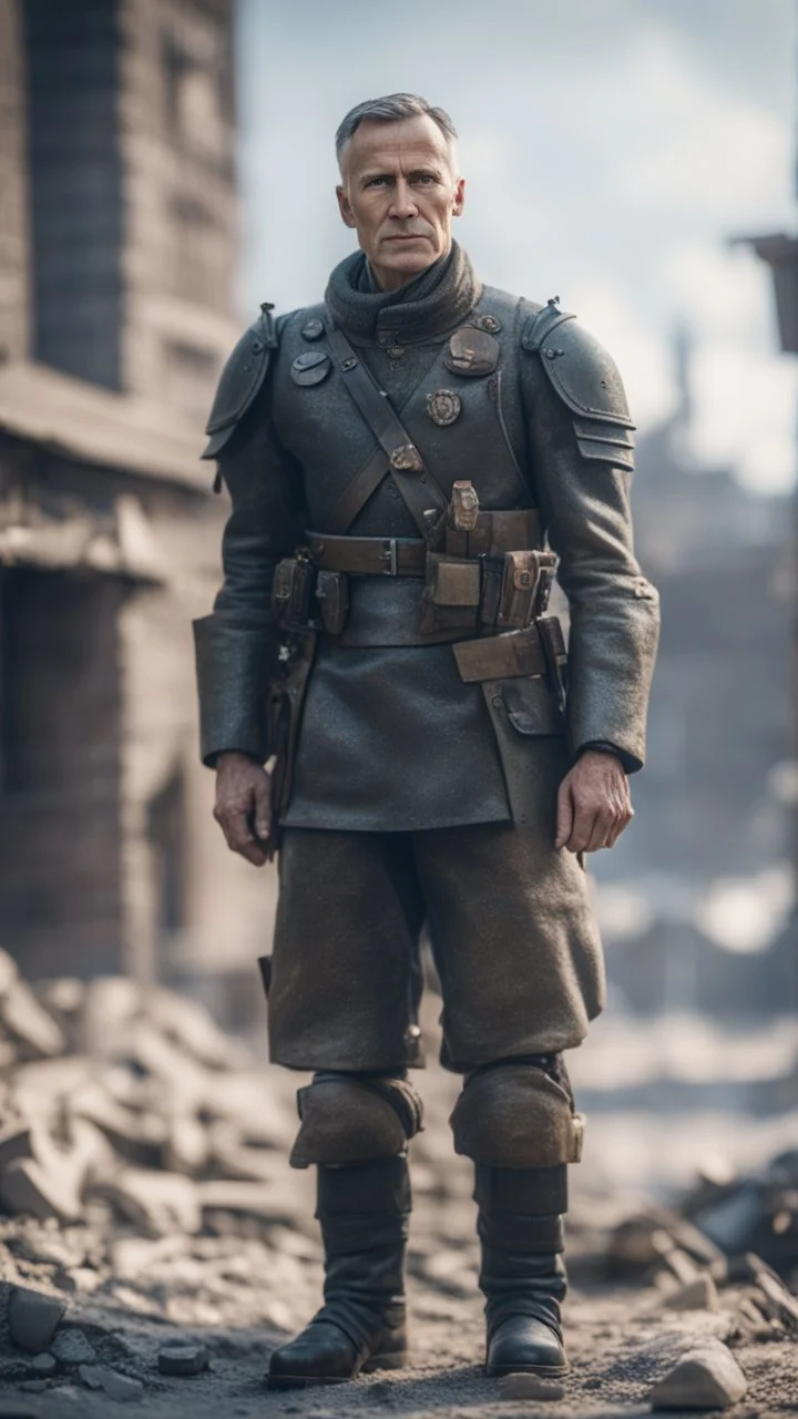 Jens Stoltenberg in armor in Stalingrad, bokeh like f/0.8, tilt-shift lens 8k, high detail, smooth render, down-light, unreal engine, prize winning