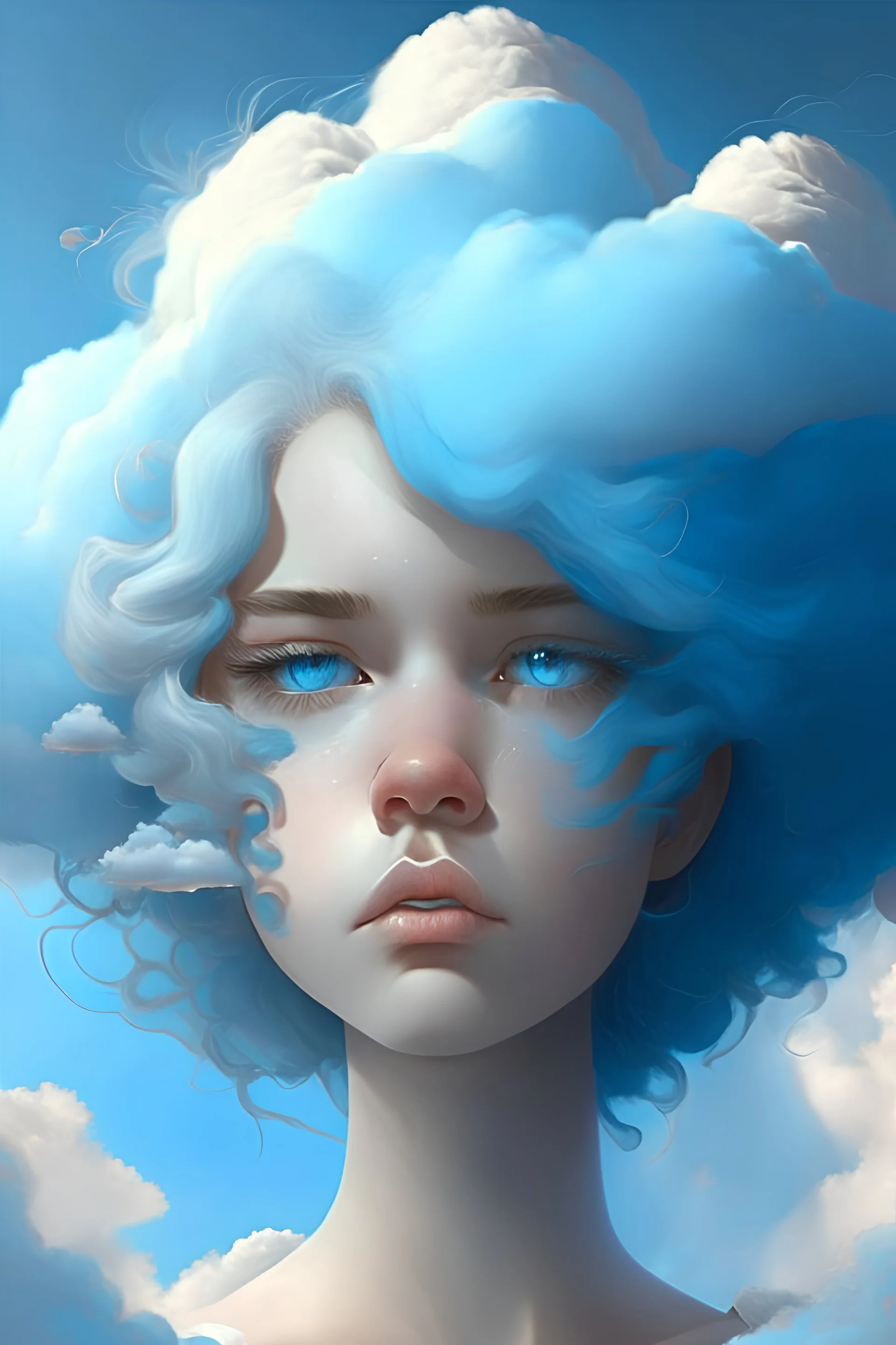 It is a female character with a realistic, dreamy cloud like a vertube feeling, and the color is generally sky blue, and the eyes of the face are accurately portrayed.