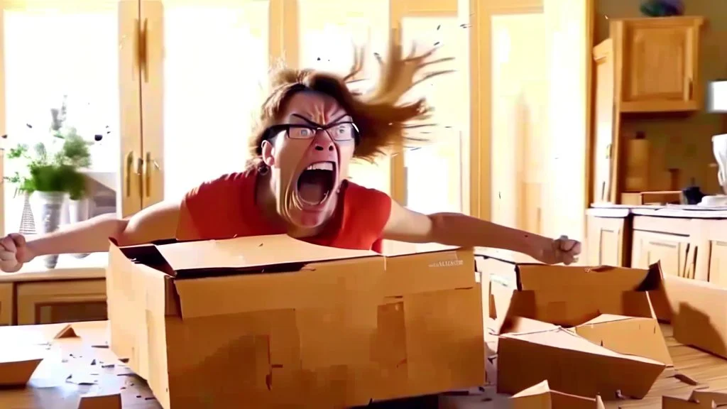 woman starts frantically tearing through a very large box the kitchen table was delivered in