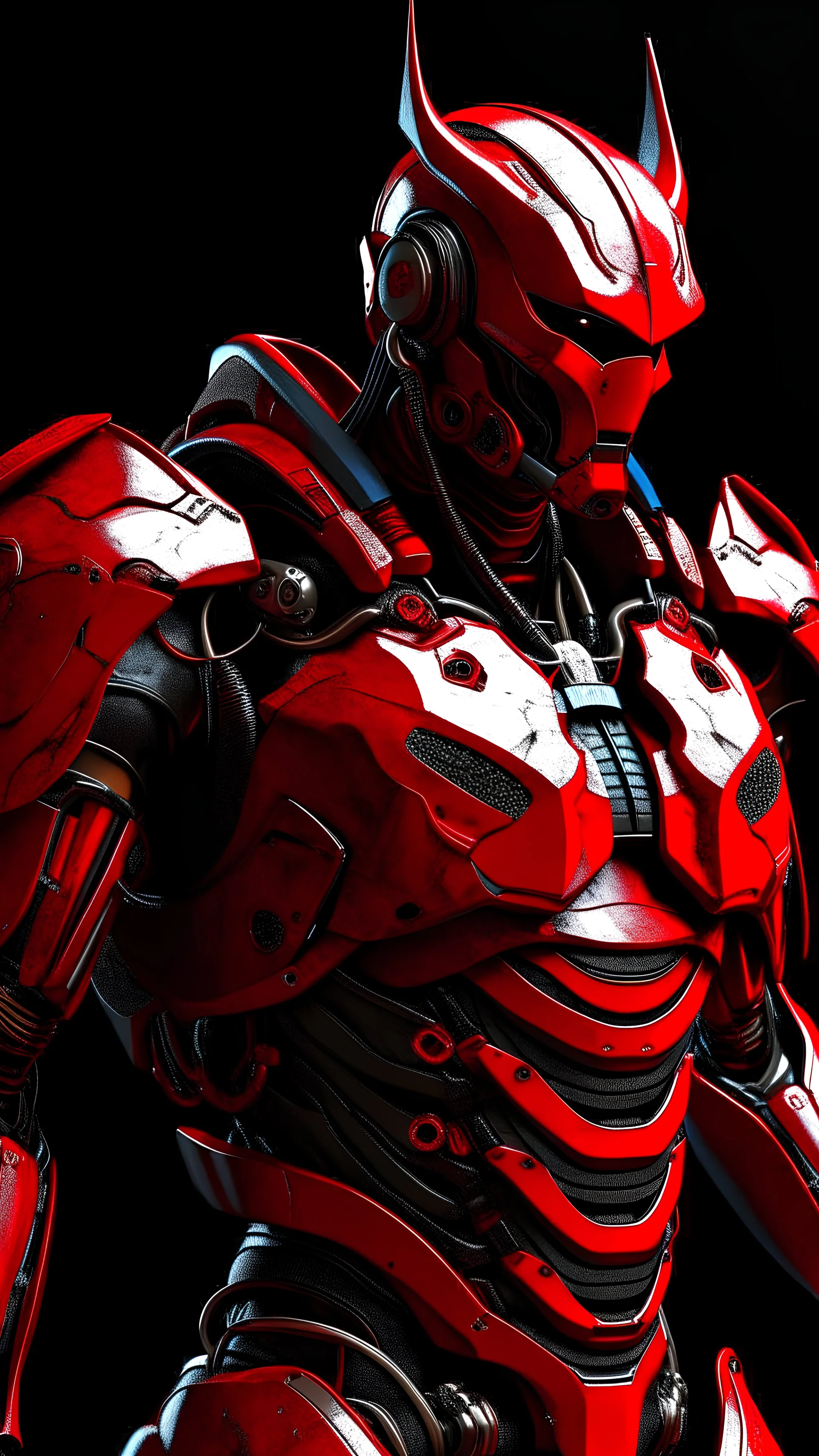 a Batman in cybernetic armor, ultra detalhado, cor vermelho . ::n_ desenho, Imperfection, baixa qualidade, boneco, jogo, anime, assinatura