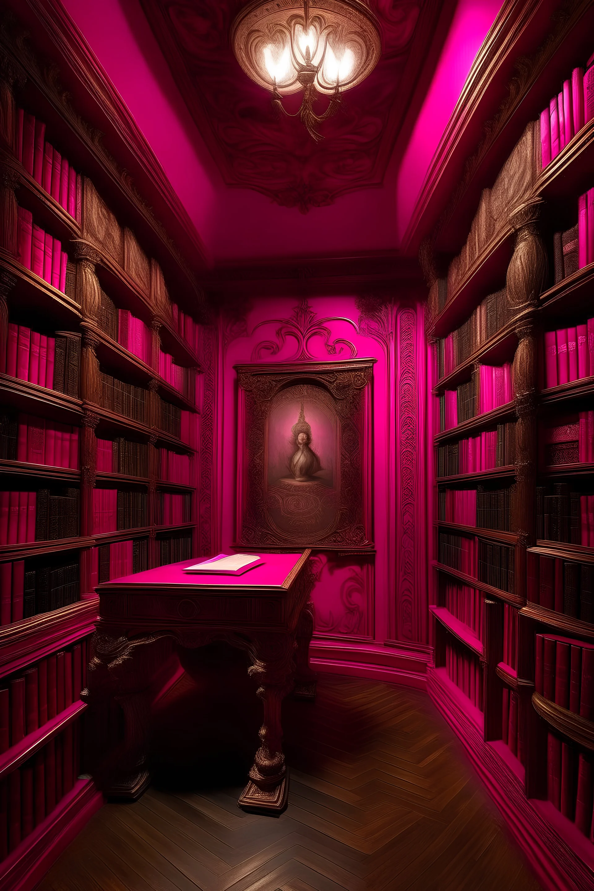 A magenta psychic library filled with telekinetic books painted by Giovanni Battista Sassi