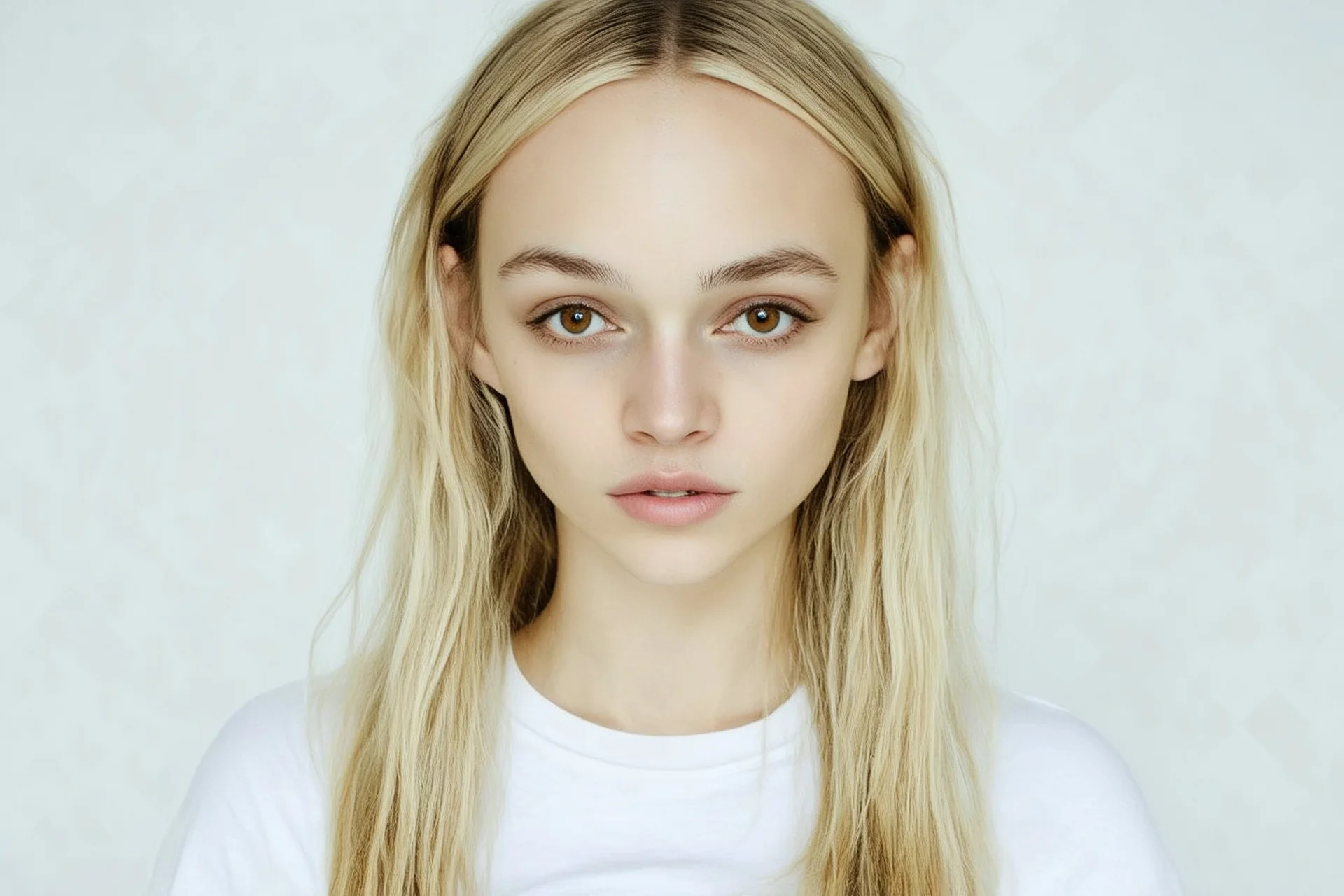 Polaroid, lilyrose Depp, cheveux long blonds sésans frange, yeux marron, petit nez, t-shirt blanc, fond blanc