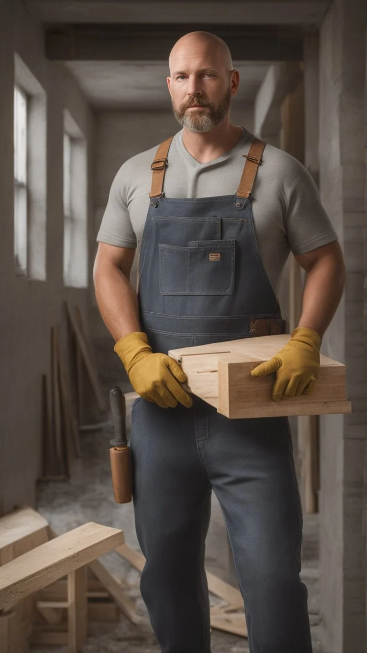 short, burly beefy robust bricklayer painter 40 years old, shaved hair, short blond beard, bare-chested in overalls, photorealistic, side light, inside a building under construction