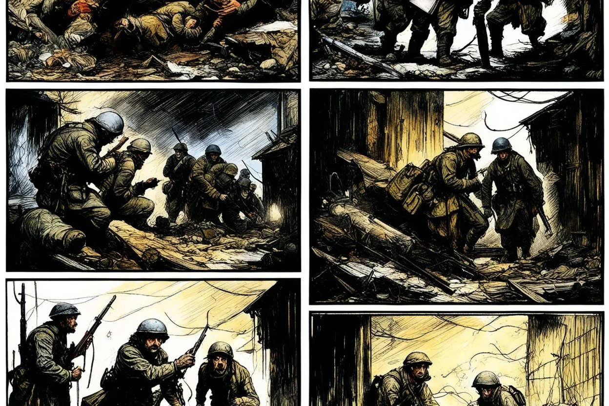 Masterpiece1:5)(Fineart), (award-winning:1.5), highest quality, war journalism, ink and colored pencil sketch of photocollage (by Gustave Doré, Jan Saudek:1.5),(Eastern Ukraine:(panel one:the moment after a battle ends, horrors of war, wounded men),(2nd panel, cinematic shot of men sitting in trench with 1000 yard stare (focus on their eyes:1.5)),(the third panel shows troops tired but hyper alert), (the fourth panel shows the sky is filled with incessant, fire and smoke everywhere,)