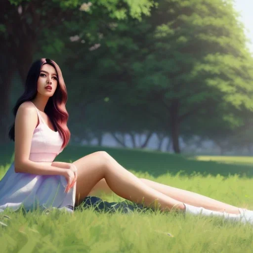 8k 4d photo realistic Highly detailed portrait of stunningly beautiful woman, sitting on the grass of a huge park, Atey Ghailan, by Loish, by Bryan Lee O'Malley, by Cliff Chiang, by Greg Rutkowski, inspired by image comics, potrait illustration,