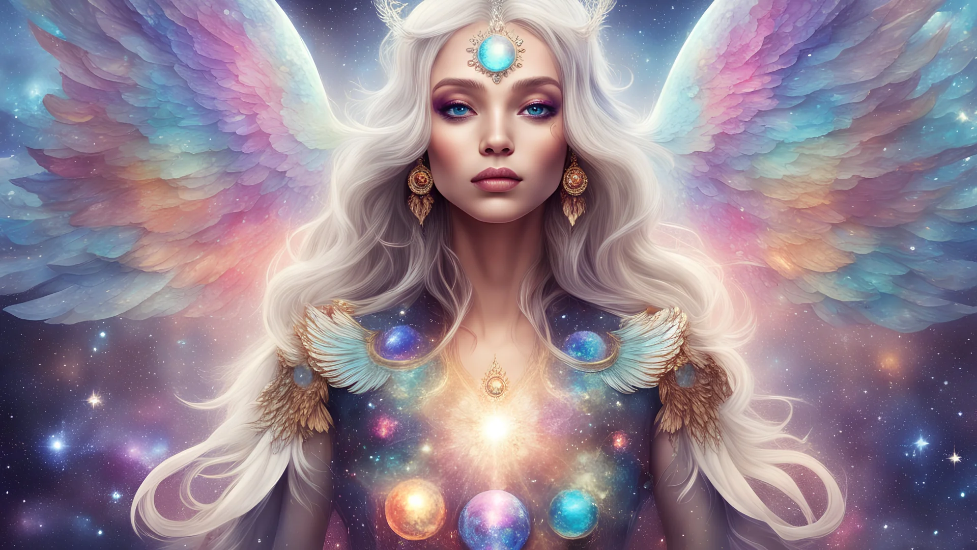 Refined cosmic beauty girl with wings, bright colours, forehead cosmic jewels