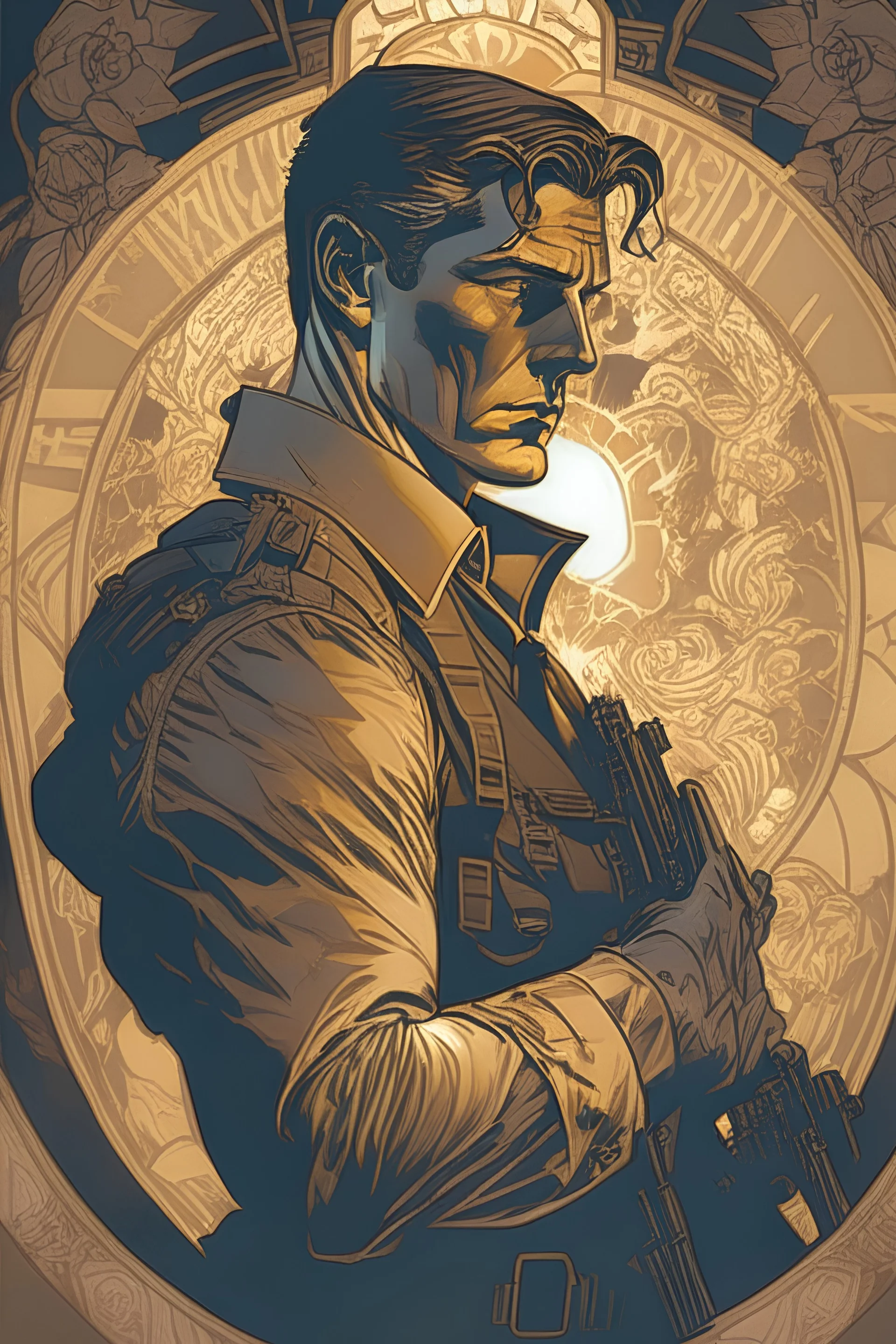 a government special ops agent, in the style of Alphonse Mucha, dramatic lighting